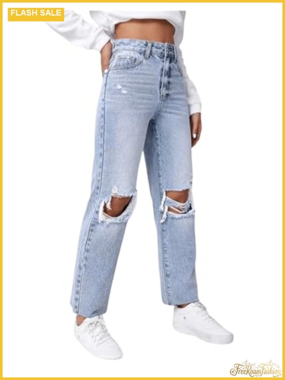 High Waist Ripped Distressed Cropped Straight Leg Denim Jeans